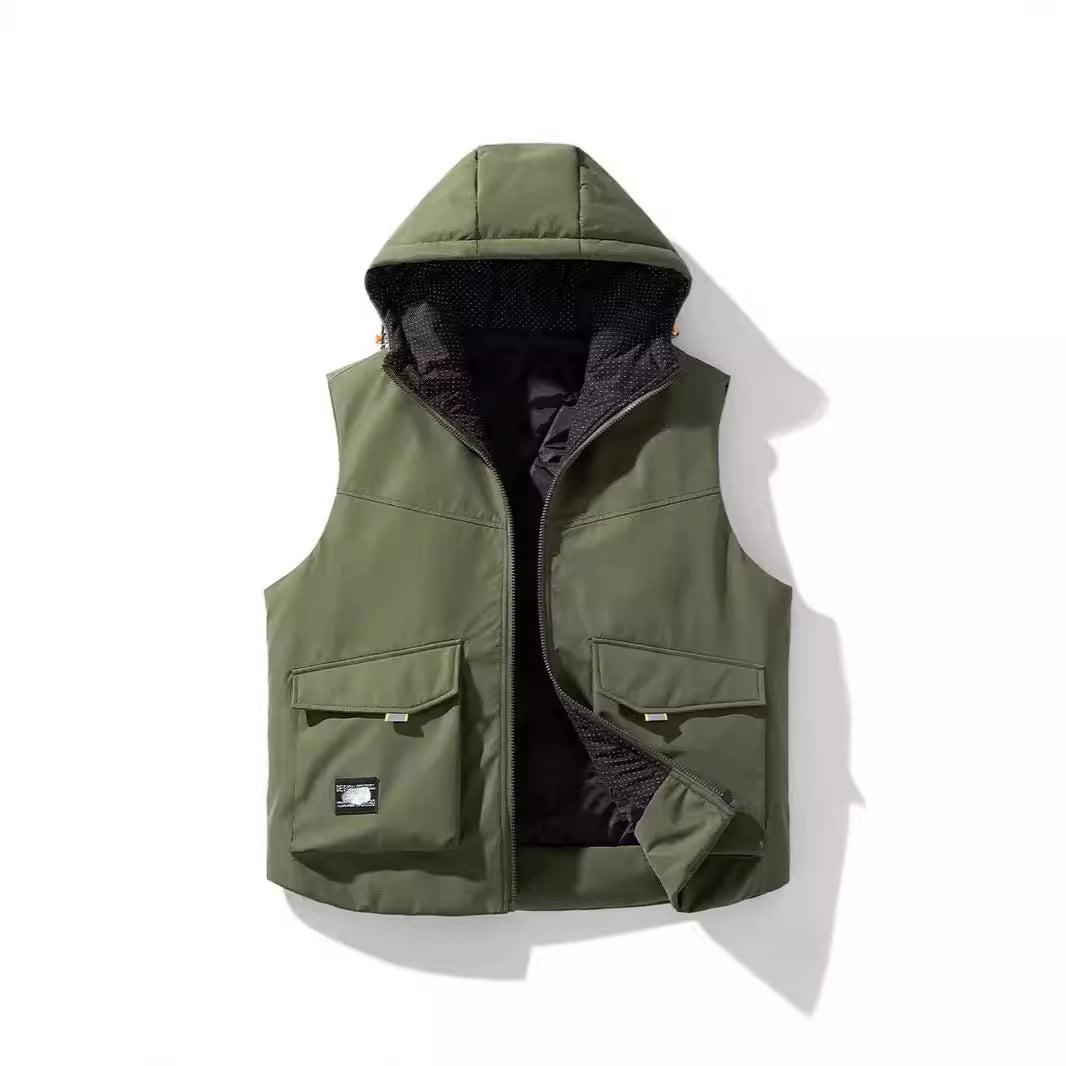 Men's Insulated Hooded Utility Vest with Multifunctional Pockets and Windproof Outer Layer Chichicherry