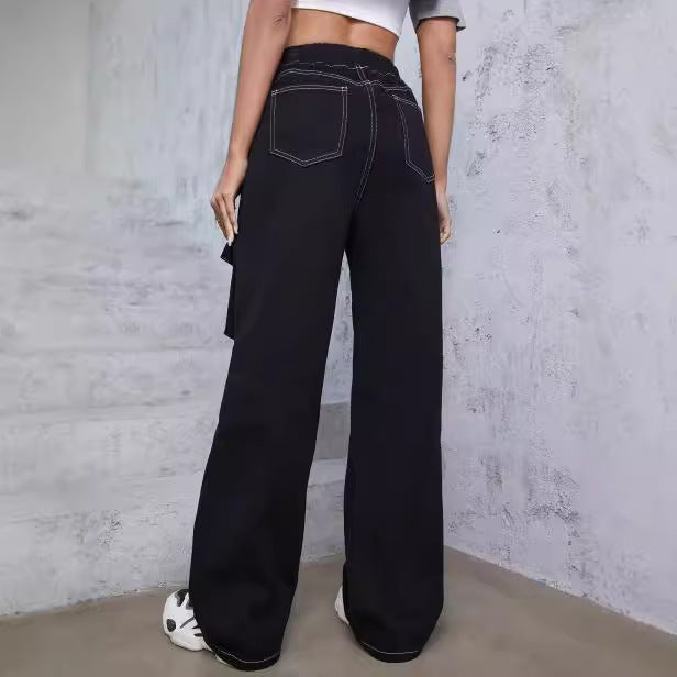 Women’s utilitarian denim cargo pants with contrast stitching and drawstring Chichicherry