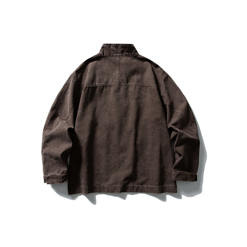 Unisex cleverly tailored canvas worker blouson jacket with stand-up collar and snap button front Chichicherry