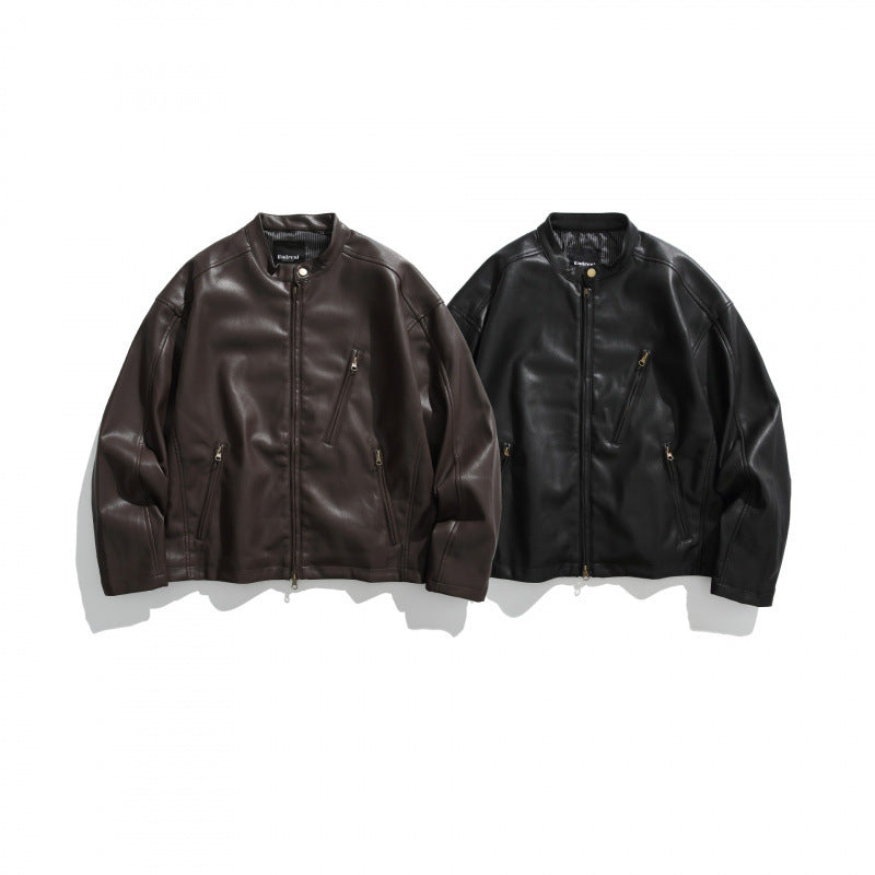 Men's short jacket made of vegan leather with a stand-up collar, three zip pockets, and two-way zipper Chichicherry