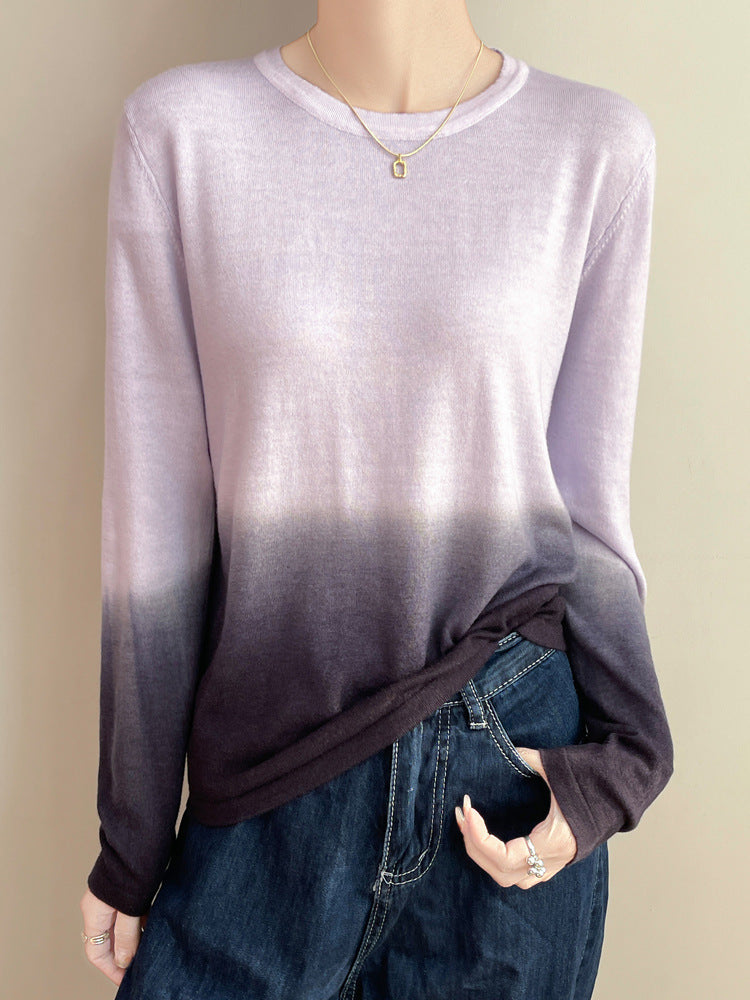 Ladies Light Gradient Fine Knit Sweater with Round Neck and Loose Fit Chichicherry