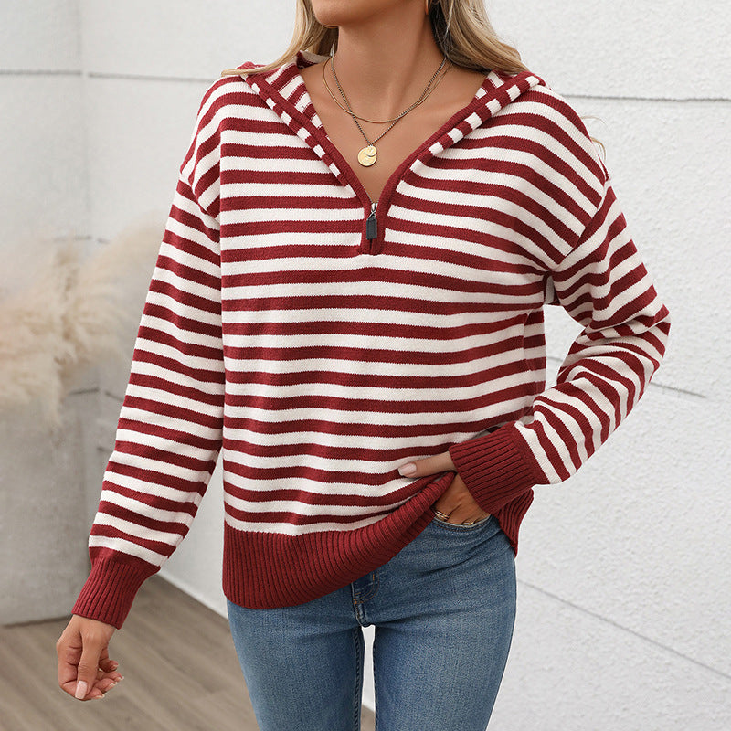 Women's Striped Hoodie with Half Zip and Ribbed Cuffs Chichicherry