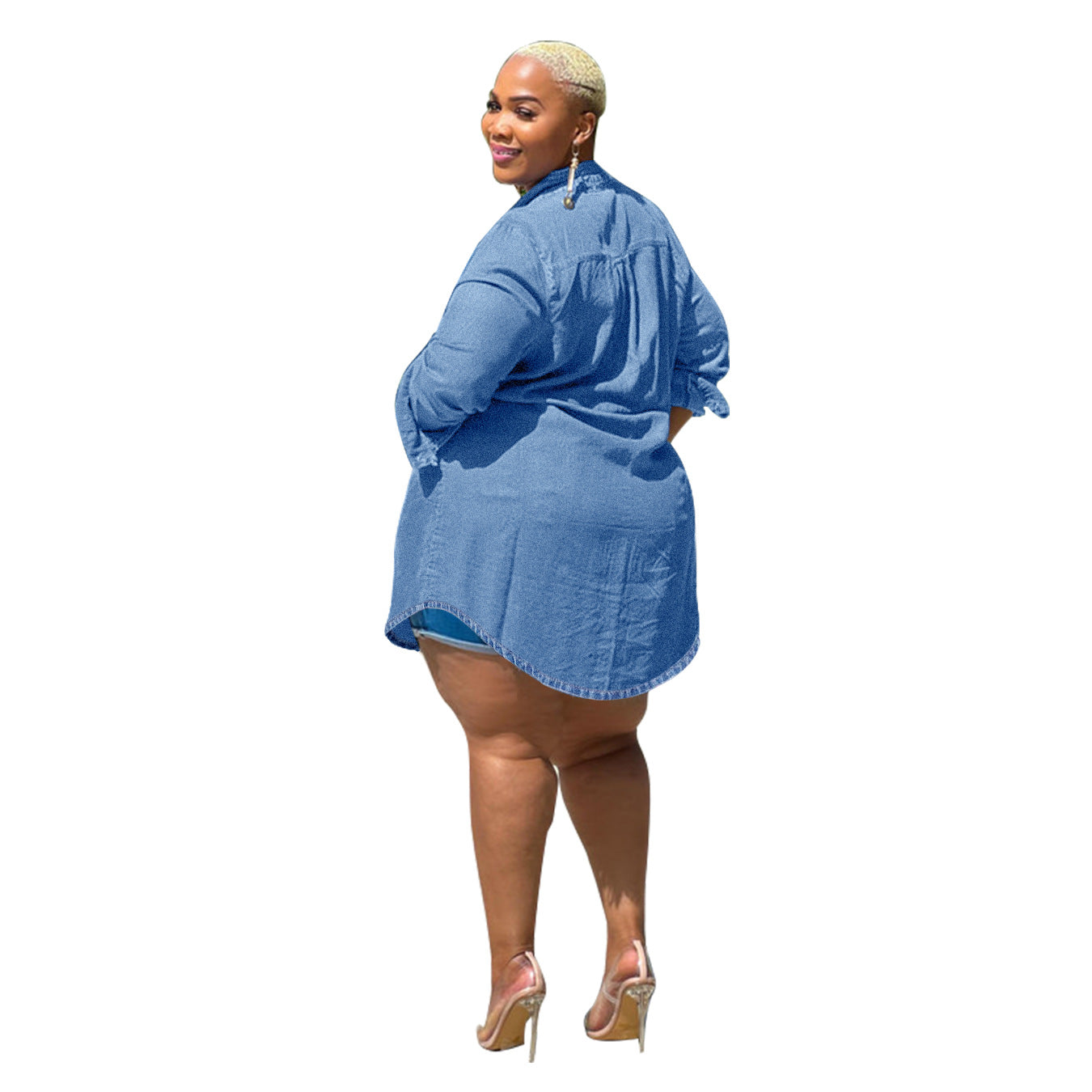 Ladies Oversized Denim Shirt Blouse in Longline Cut with Rolled Sleeves and Breast Pockets Chichicherry