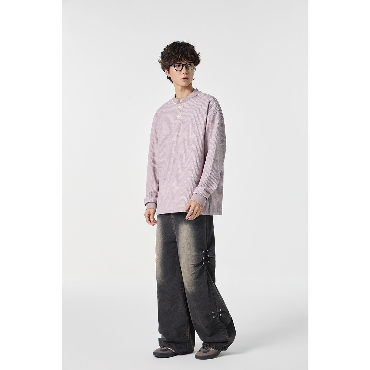 Unisex Ribbed Oversized Henley Sweater with Button Placket Chichicherry