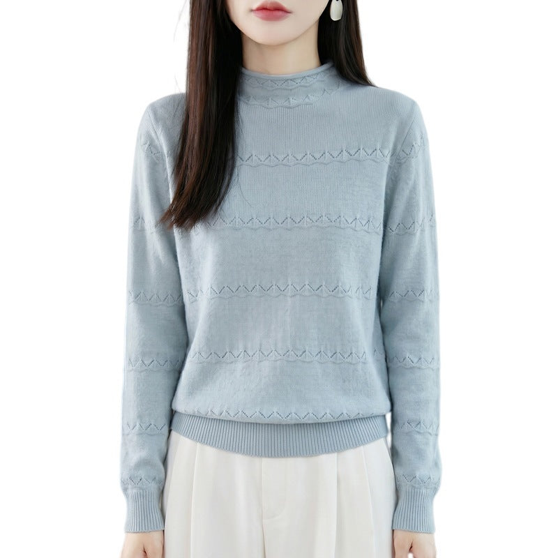 Women's Light Openwork Knit Sweater with Short Standing Collar and Fine Ribbed Hem Chichicherry