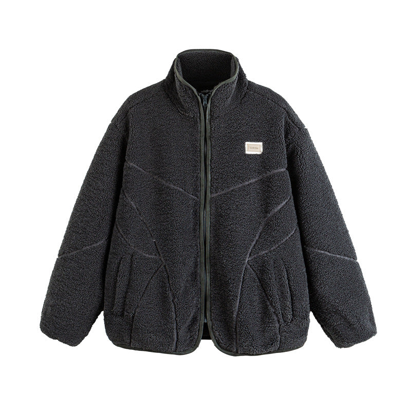 Unisex Teddy-Fleece-Bomber Jacket with Stand Collar and Geometric Seam Design Chichicherry