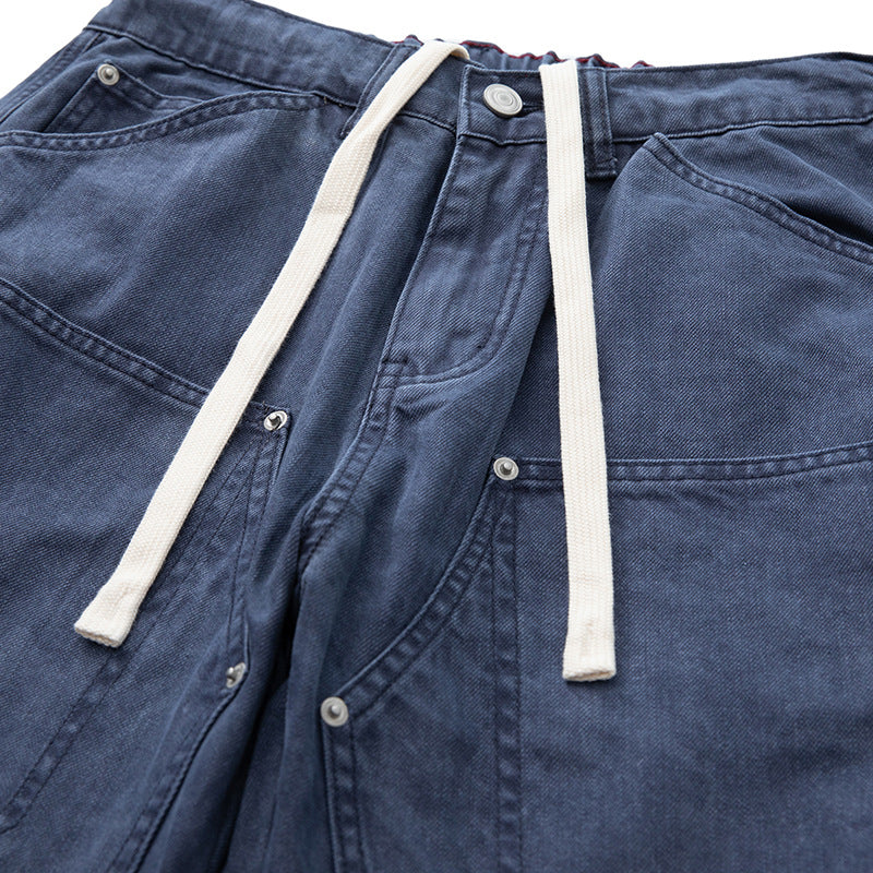 Men's Wide Utility Denim Pants with Drawstring Waistband and Patch Pockets Chichicherry