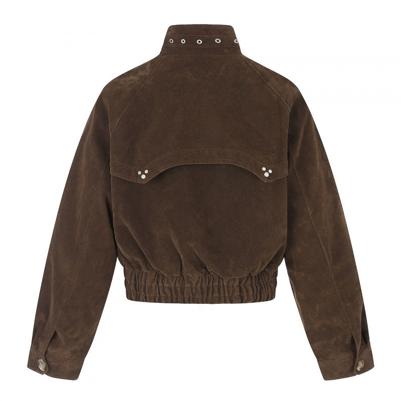 Women's short-cut suede bomber jacket with high stand-up collar, metal appliqués, and elastic waistband Chichicherry