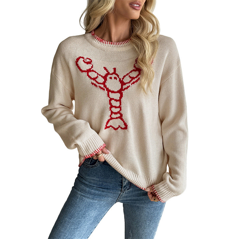 Women's Oversize Fine Knit Sweater with Crab Jacquard, Round Neck and Ribbed Trims Chichicherry