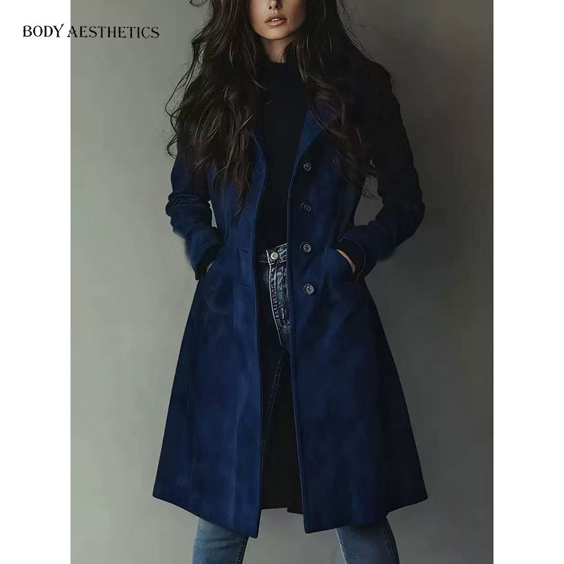 Women's Elegant Long Coat in A-Line Cut with Single-Breasted Button Placket Chichicherry