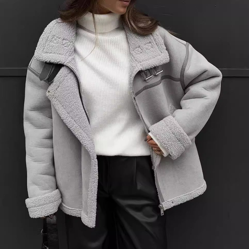 Damen Weit geschnittene Lammfellimitat-Fliegerjacke mit Kunstfellfutter Chichicherry