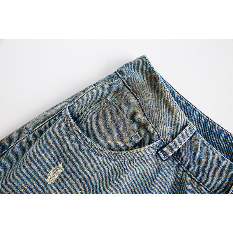 Ladies Wide Baggy Jeans with High Waist, Used Wash and Rip Details Chichicherry