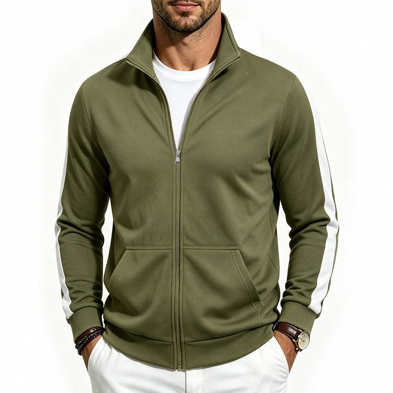 Men's Retro Track Jacket with Contrast Stripes and Stand-Up Collar Chichicherry