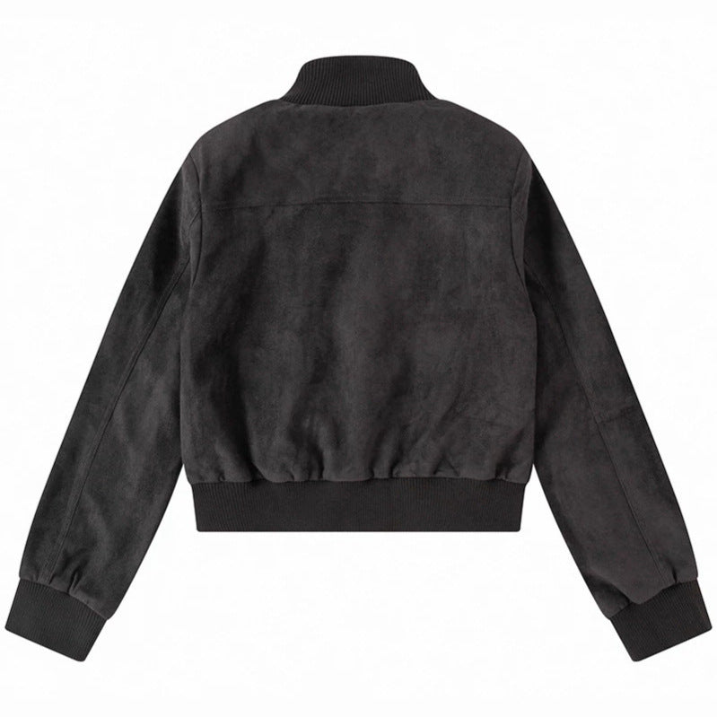 Women's Short-Cut Bomber Jacket Made of Velour Imitation with Chest Pockets and Zipper Pockets Chichicherry