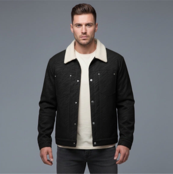 Men's Casual Sherpa-Lined Trucker Jacket with Faux Fur Collar Chichicherry
