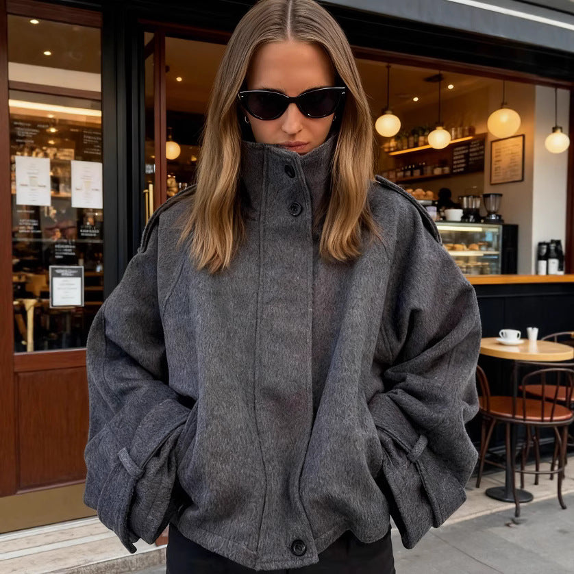 Women Short Wool Blend Jacket with Stand-Up Collar, Shoulder Flaps and Adjustable Cuffs Chichicherry