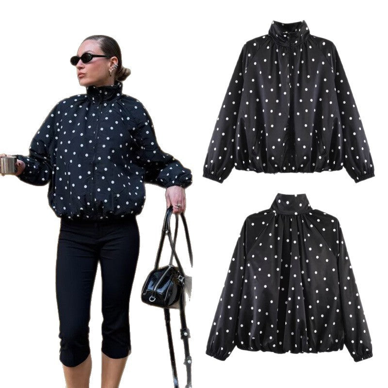 Women's Dotted Lightweight Bomber Jacket with Stand Collar, Zipper and Elastic Hem Chichicherry