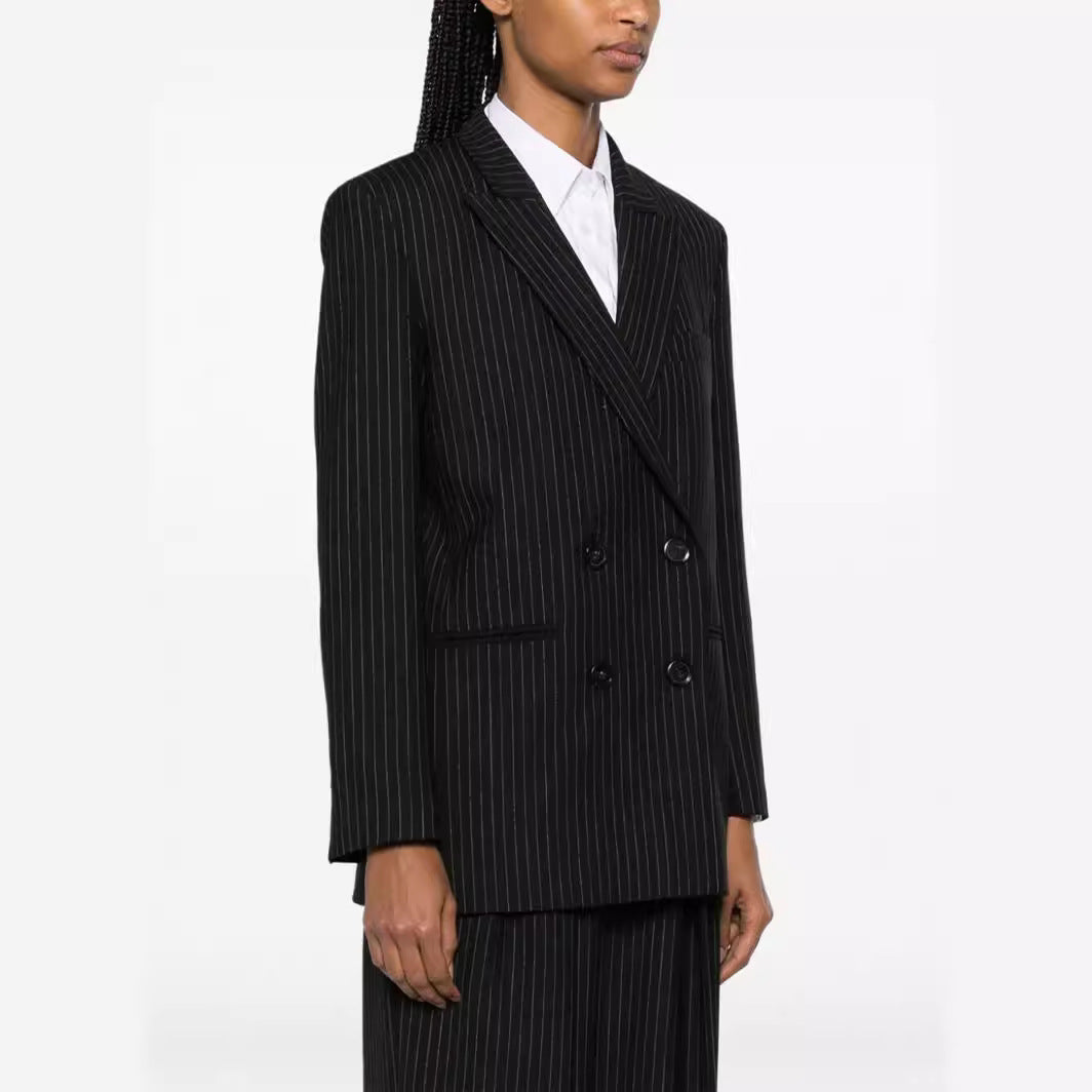 Women's Two-Piece Pinstripe Suit with Oversized Double-Breasted Design and Wide Pleated Trousers Chichicherry