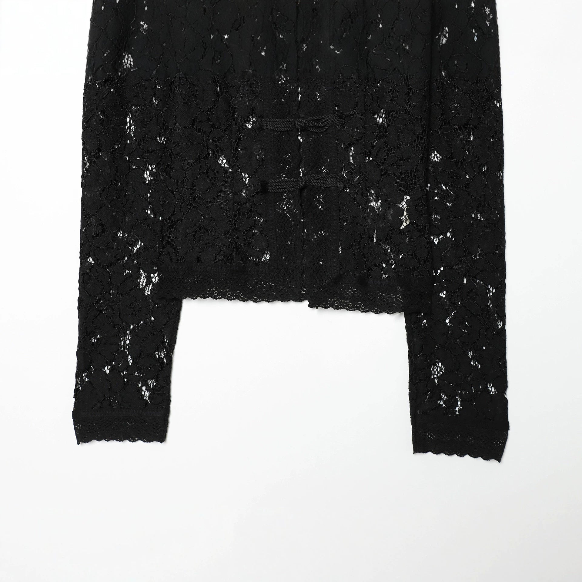 Women's transparent lace jacket in Chinese style with stand-up collar and knot closures Chichicherry