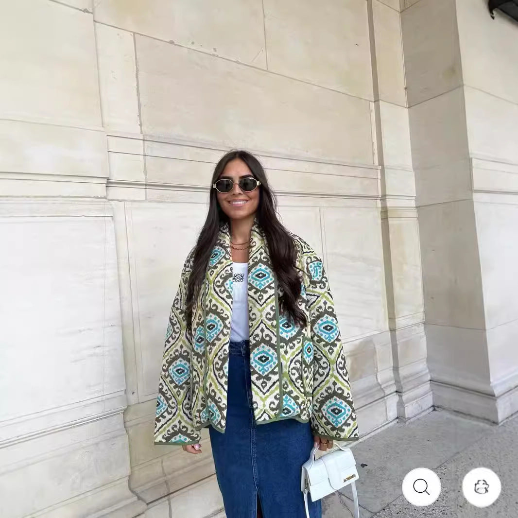 Women's Quilted Kimono Jacket with Graphic Allover Pattern, Shawl Collar and Patch Pockets Chichicherry