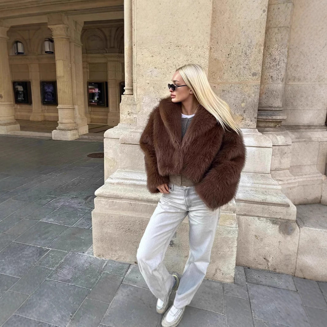 Ladies Short Cropped Faux Fur Jacket with Voluminous Shawl Collar Chichicherry