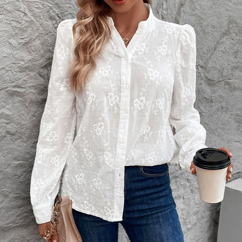 Women's lightweight embroidered voile blouse with stand-up collar and full button placket Chichicherry