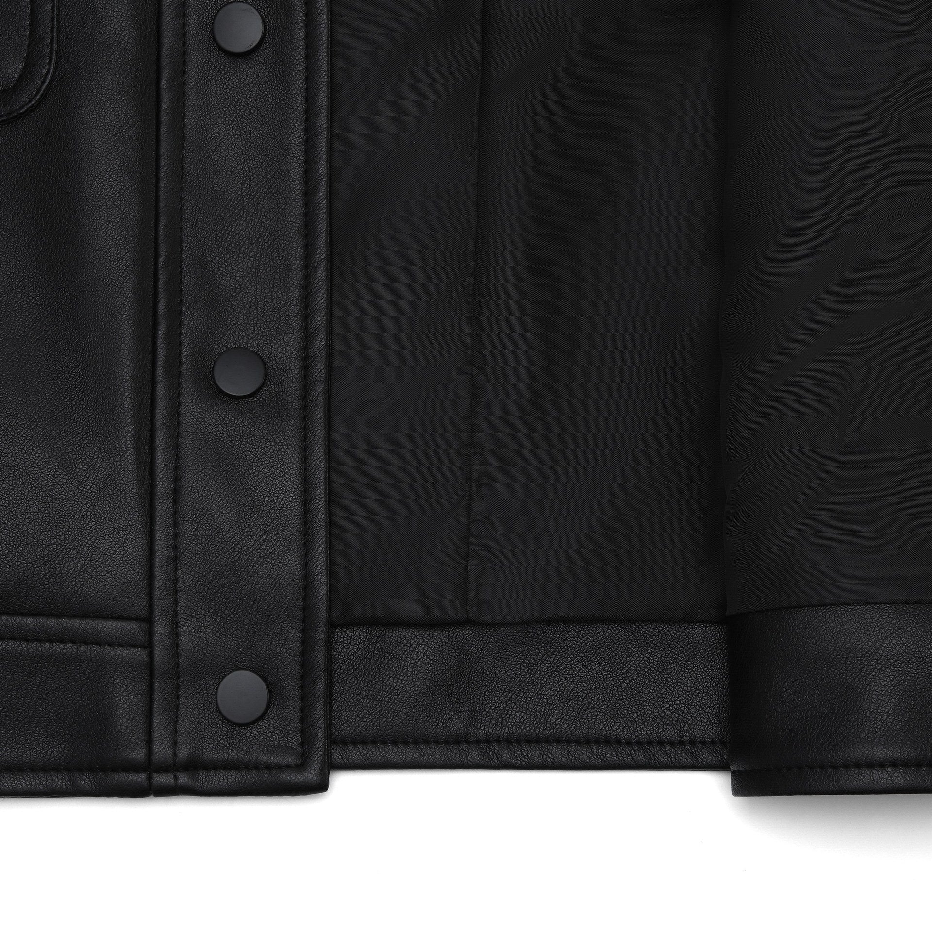 Women's short jacket made of faux leather with round neck, snap button closure and patch pockets Chichicherry