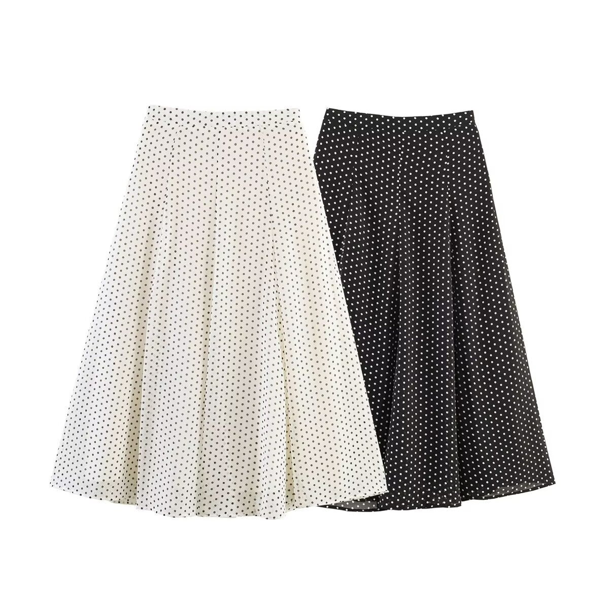 Ladies Flowing Midi Skirt in Vintage Polka Dot Design with Flared Plate Cut Chichicherry