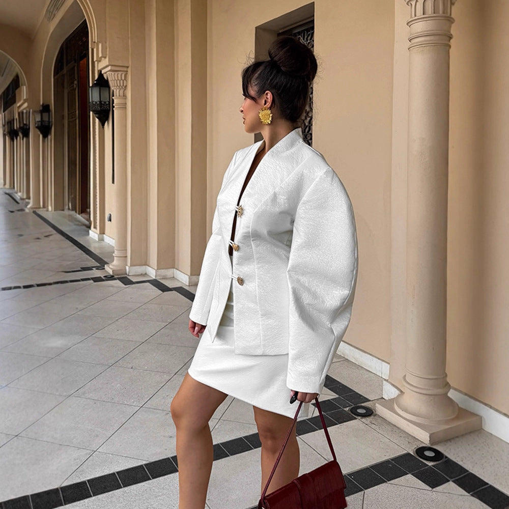 Women's Tailored Blazer Suit with Sculptural Balloon Sleeves and Mini Skirt Chichicherry