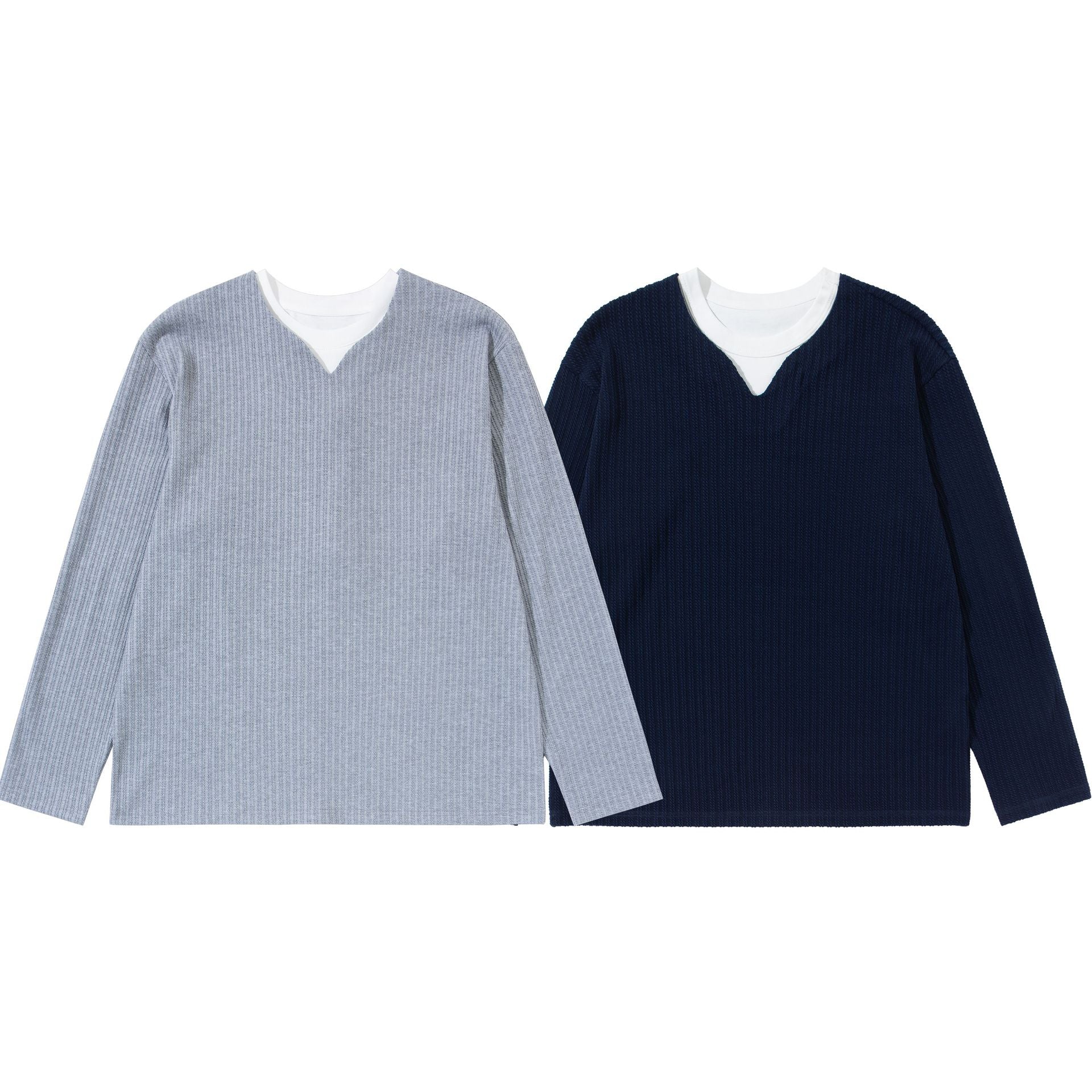 Unisex Ribbed Long Sleeve Pullover with V-Notch and Inserted Round Neck Underlayer Chichicherry