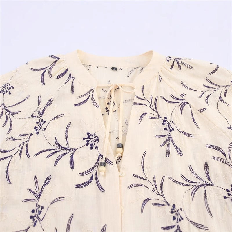 Women's Lightweight Embroidered Blouse Top with Balloon Sleeves and Tie Slit Chichicherry