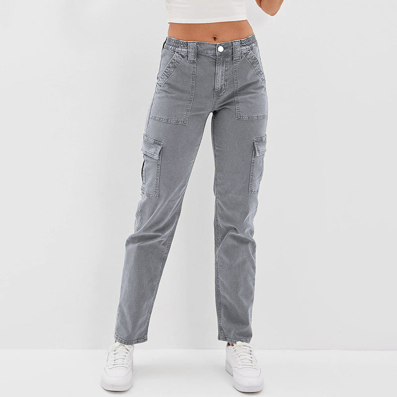 Women's High-Waisted Denim Cargo Pants with Straight Leg and Multiple Pockets Chichicherry