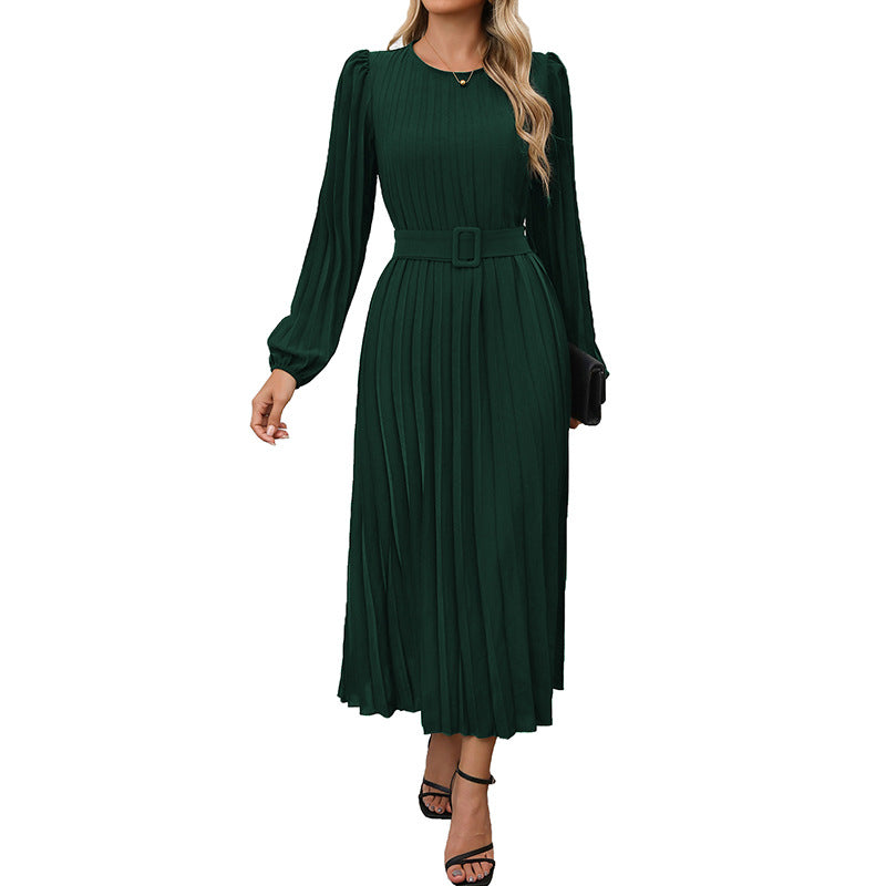 Women's Pleated Midi Dress with Waist Belt, Long Puff Sleeves and Side Slit Chichicherry