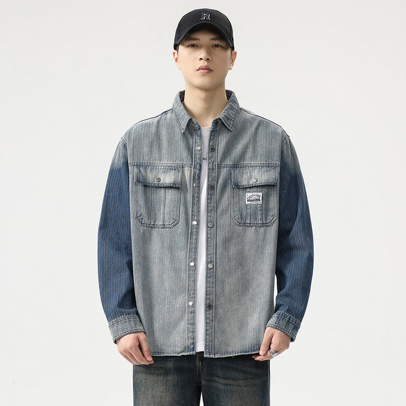 Men's overshirt made of denim with contrast sleeves and light used wash Chichicherry