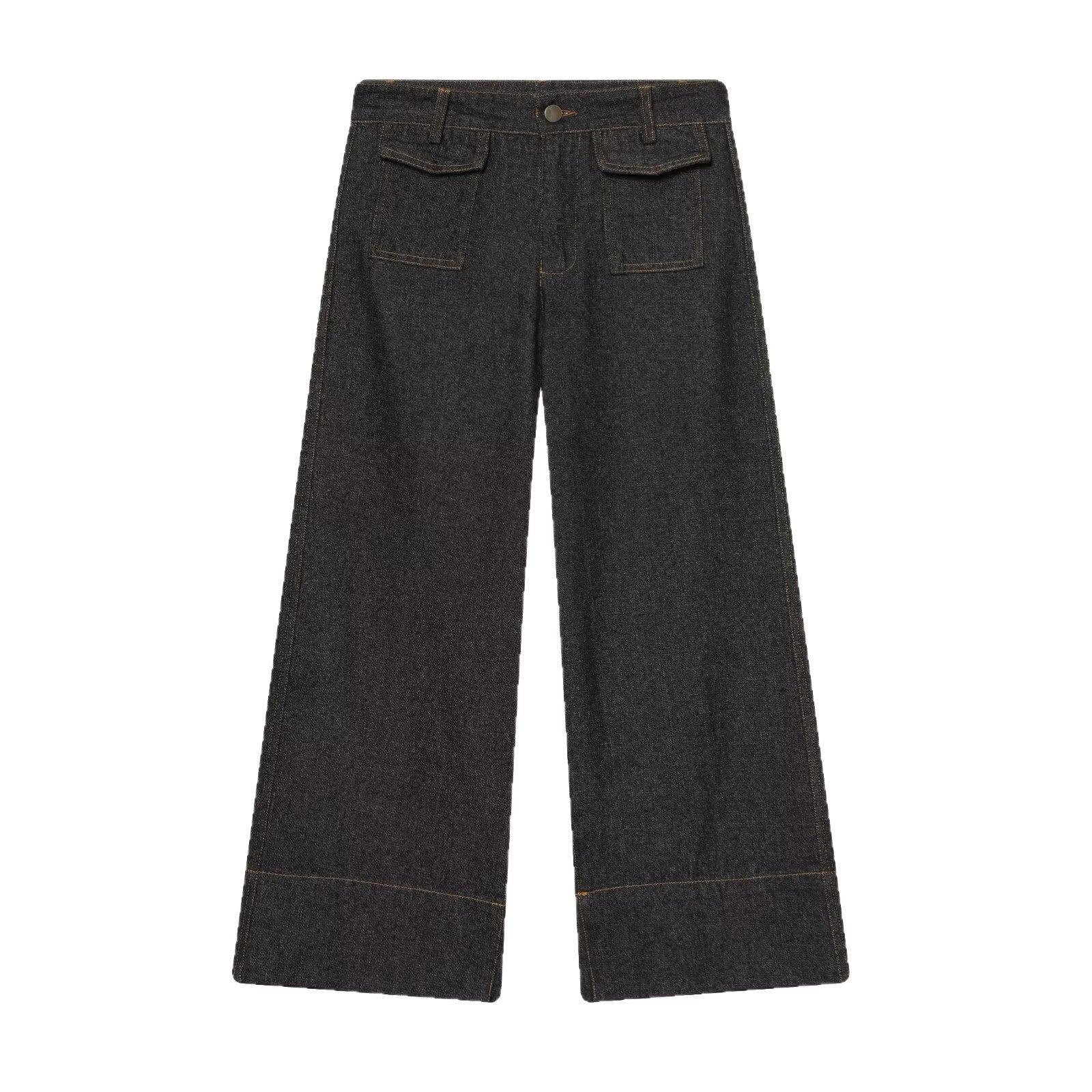 Women's Wide Cropped Jeans Pants with High Waist, Patch Flap Pockets and Wide Hem Chichicherry