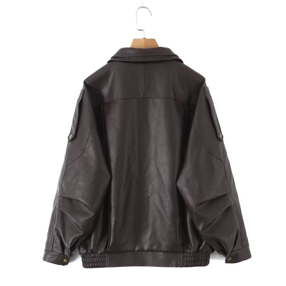 Women's Oversized Faux Leather Bomber Jacket with Asymmetrical Zipper and Waistband Chichicherry