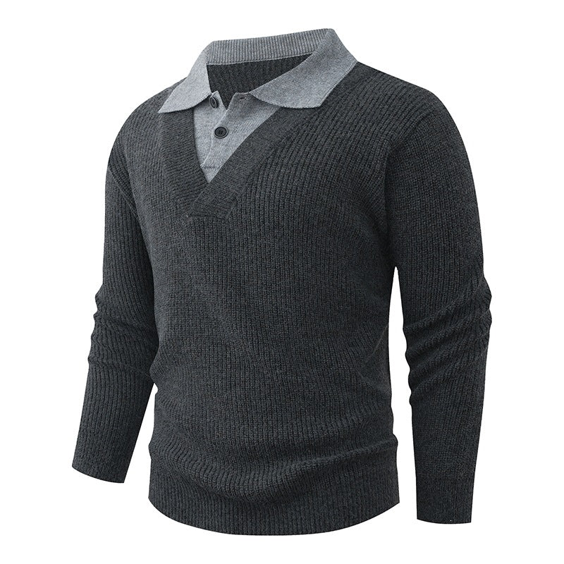 Men's fine knit pullover with integrated polo collar and deep V-neck Chichicherry