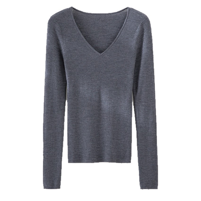 Women's Fine Rib Knit Sweater with Deep V-Neck and Tailored Fit Chichicherry