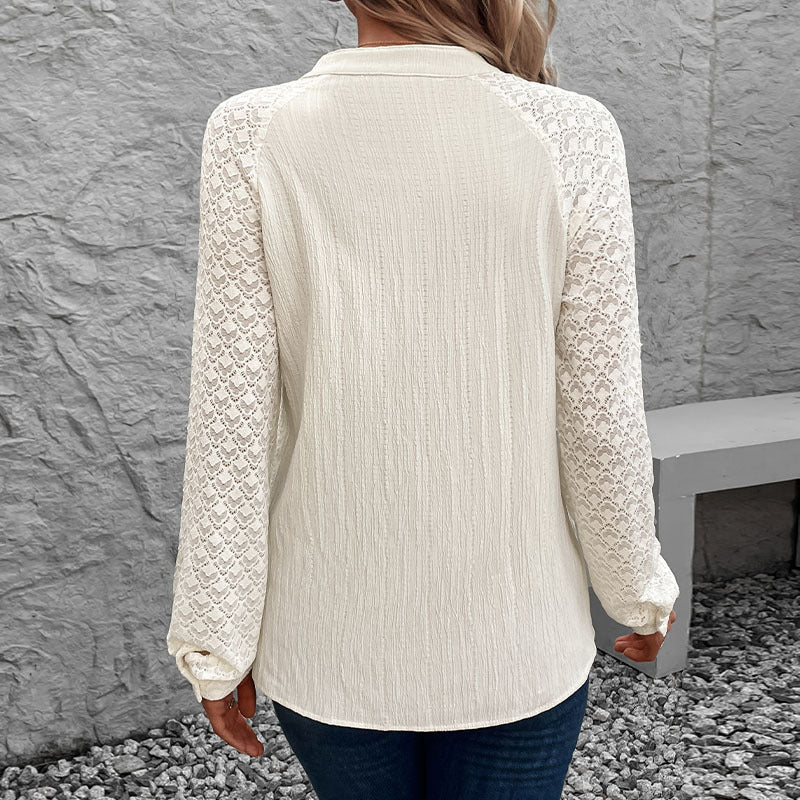 Women's lace blouse with button placket, stand collar, and crocheted raglan sleeves Chichicherry