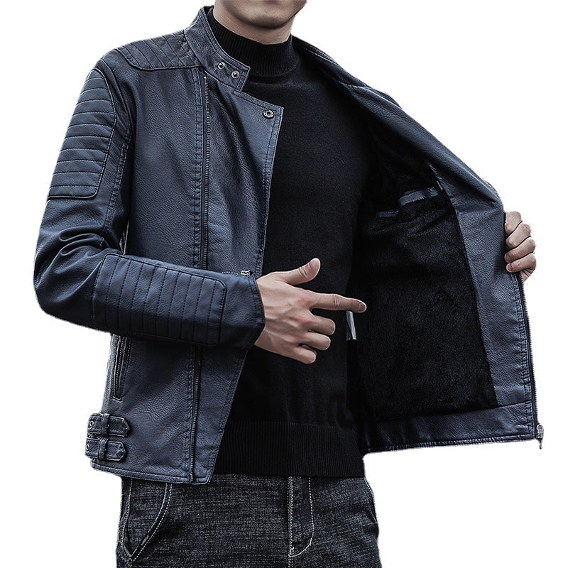 Men's biker jacket made of synthetic leather with quilted sleeve yoke and stand-up collar Chichicherry