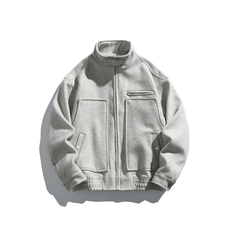 Men's short-cut boxy wool blend blouson with stand-up collar, elastic hem, and zippered chest pocket Chichicherry