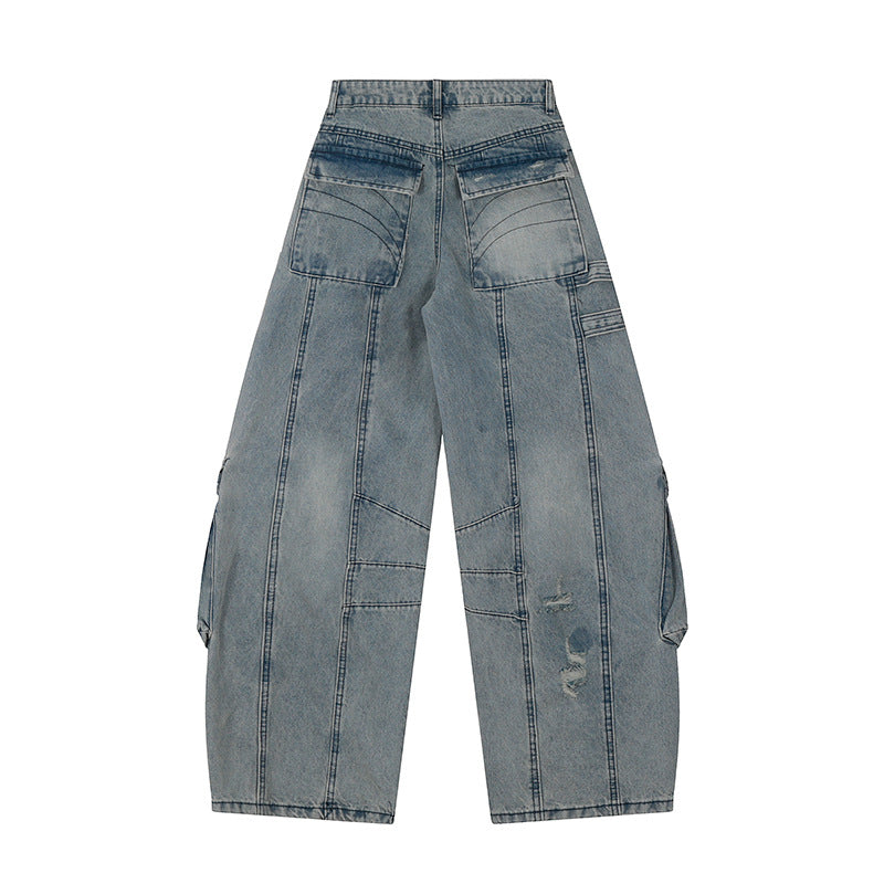 Women's wide jeans cargo culotte with tactical pockets, belt applications and used details Chichicherry