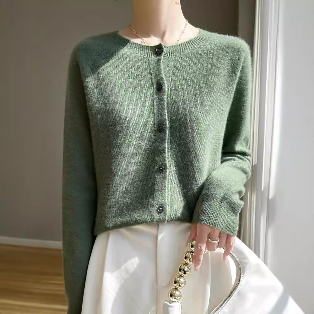 Women's Short-Cut Fine Knit Cardigan with Round Neckline and Shimmering Button Placket Chichicherry