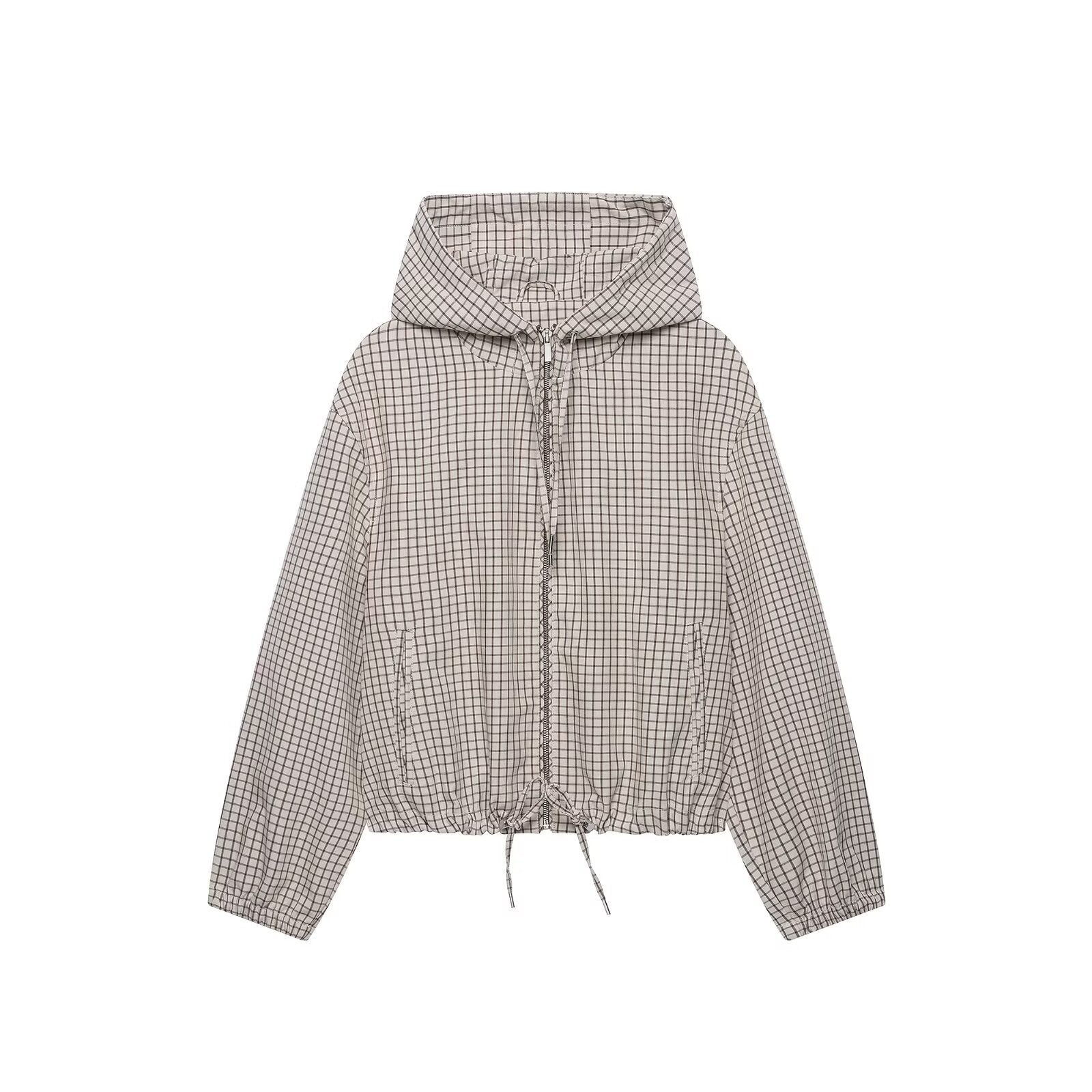 Women Lightweight Hooded Jacket in Check Pattern with Drawstring Hem and Elastic Cuffs Chichicherry