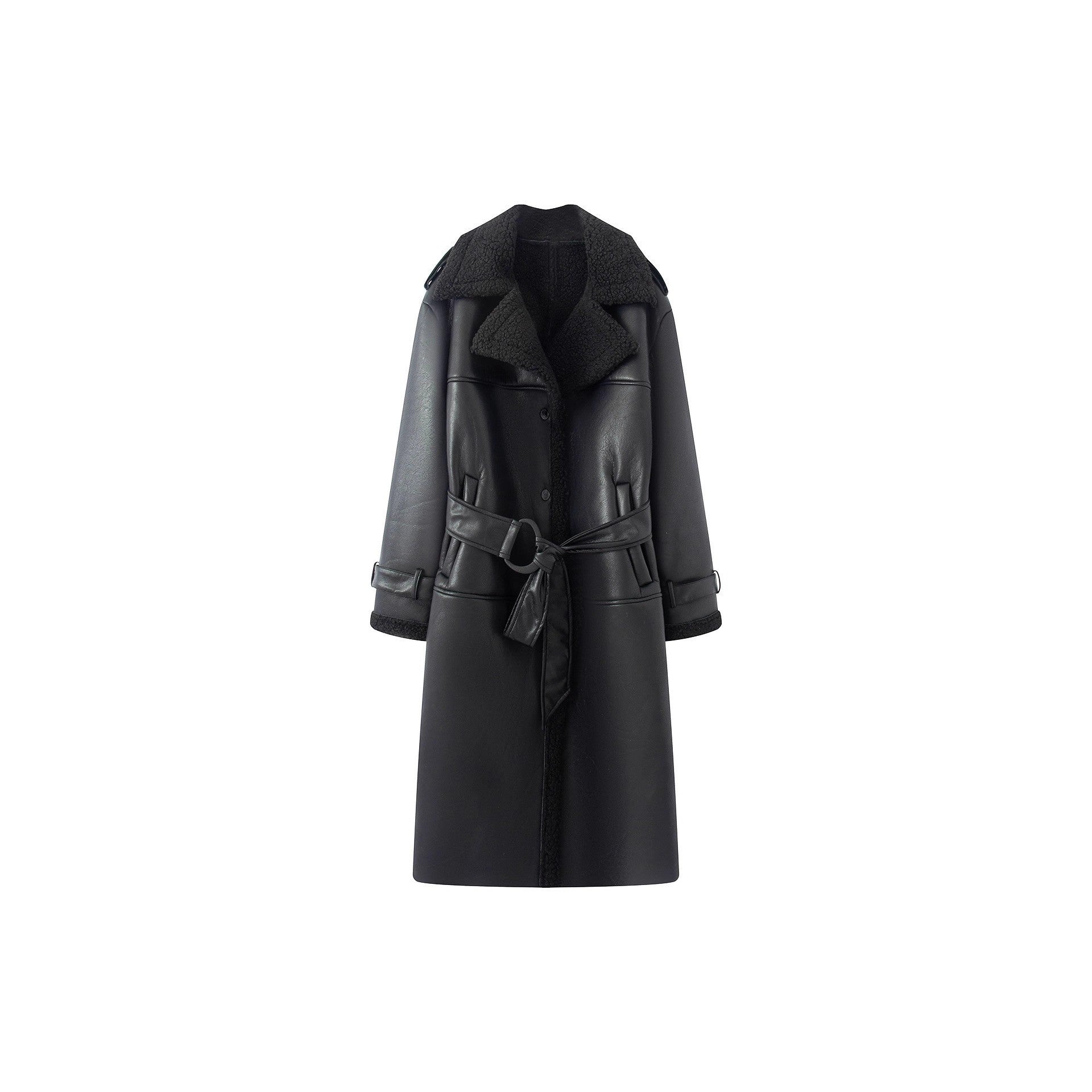 Women's long faux leather coat with teddy lining and belted waist Chichicherry