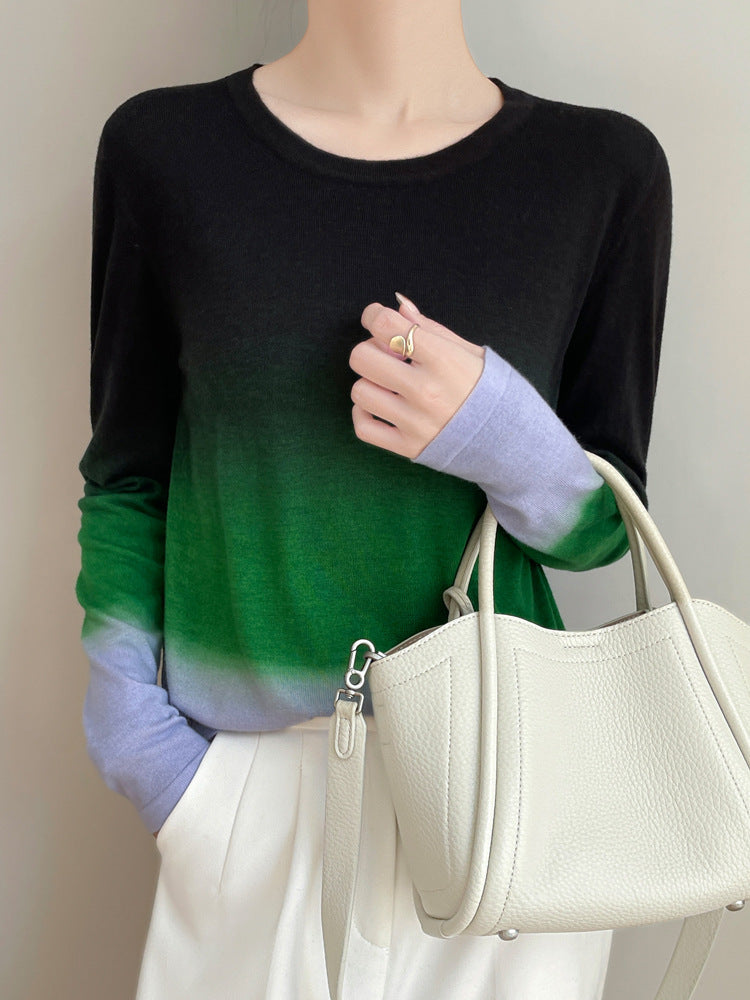 Ladies Light Gradient Fine Knit Sweater with Round Neck and Loose Fit Chichicherry