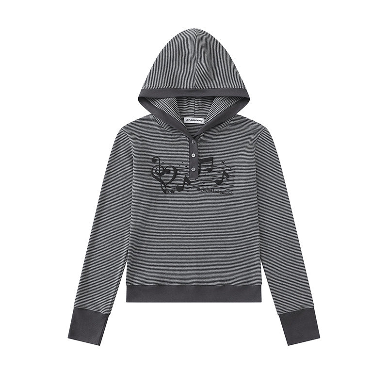 Ladies hooded henley pullover made of lightweight striped jersey with music print Chichicherry