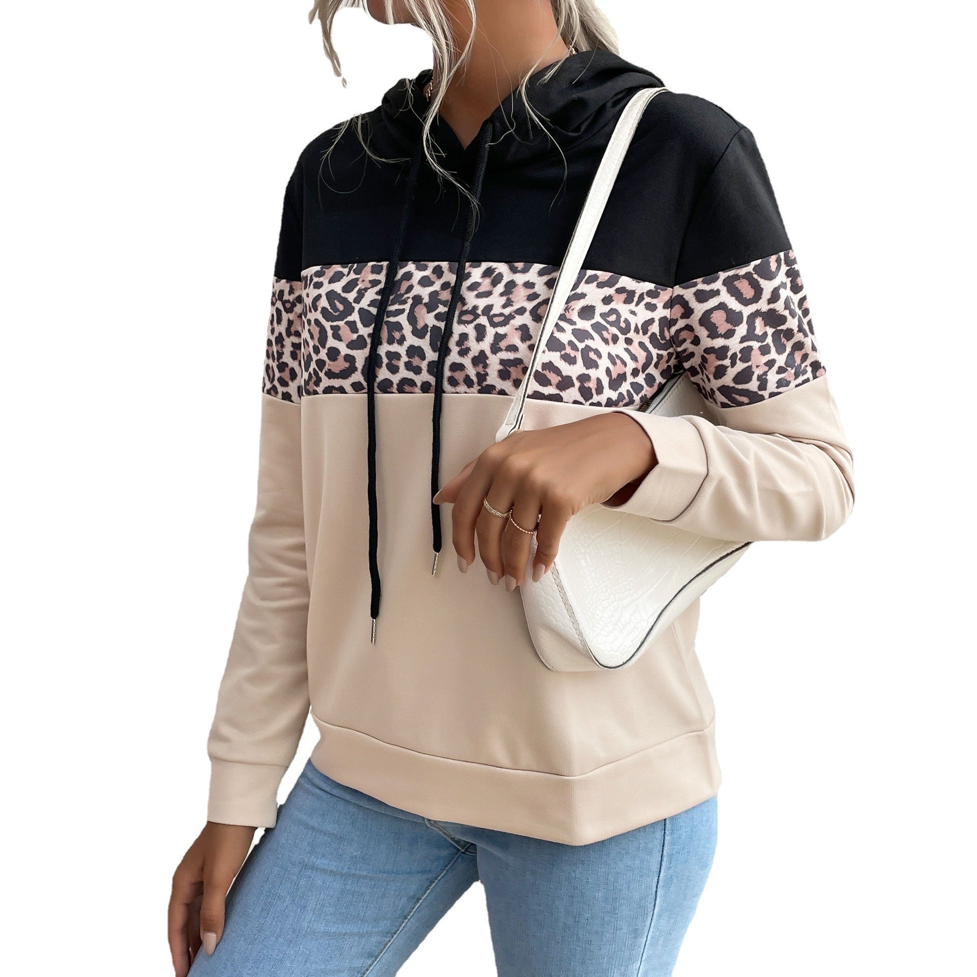Women's hooded sweatshirt with leopard print trim and kangaroo pocket Chichicherry