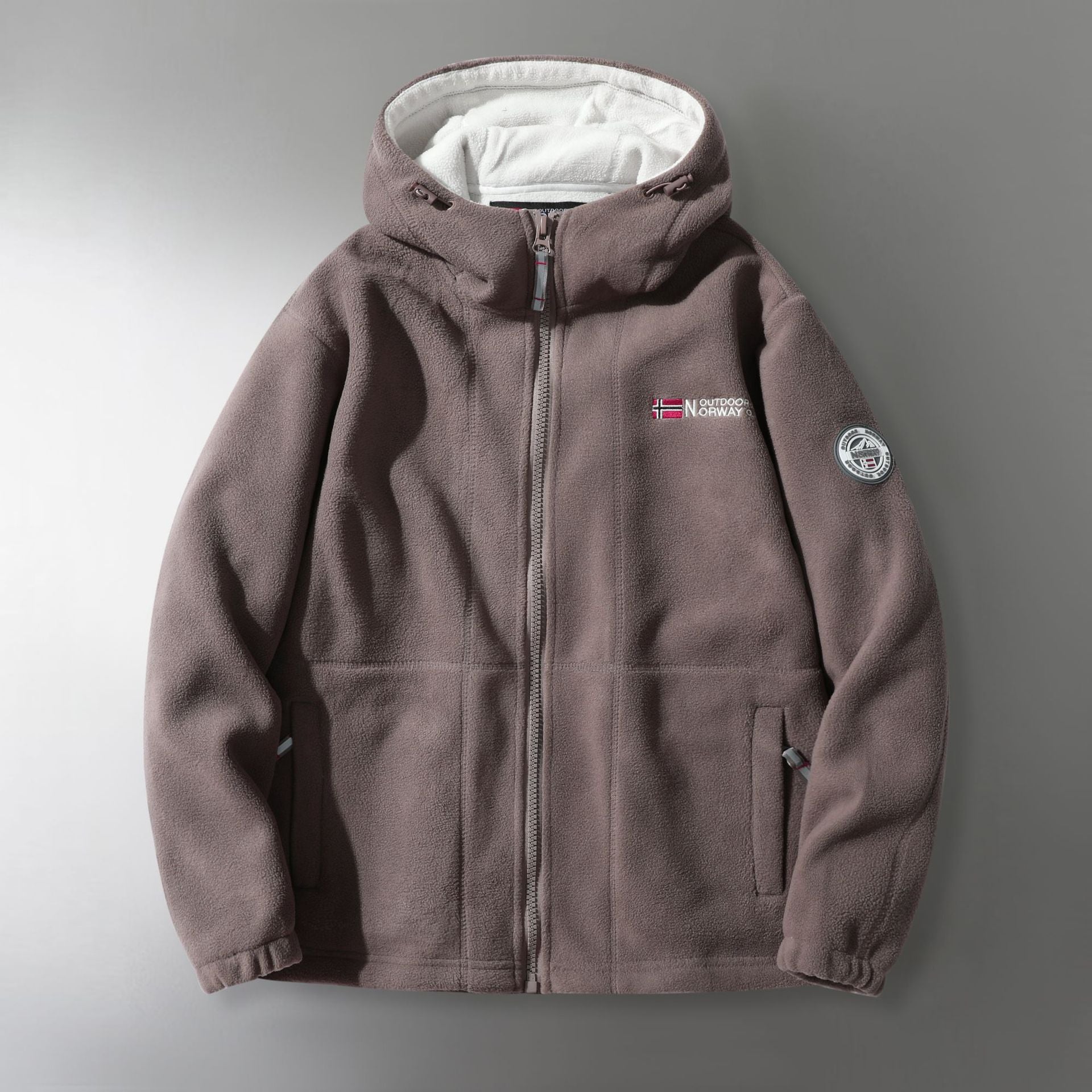 Men's microfleece outdoor jacket with hood, wind-resistant structure and logo patch Chichicherry