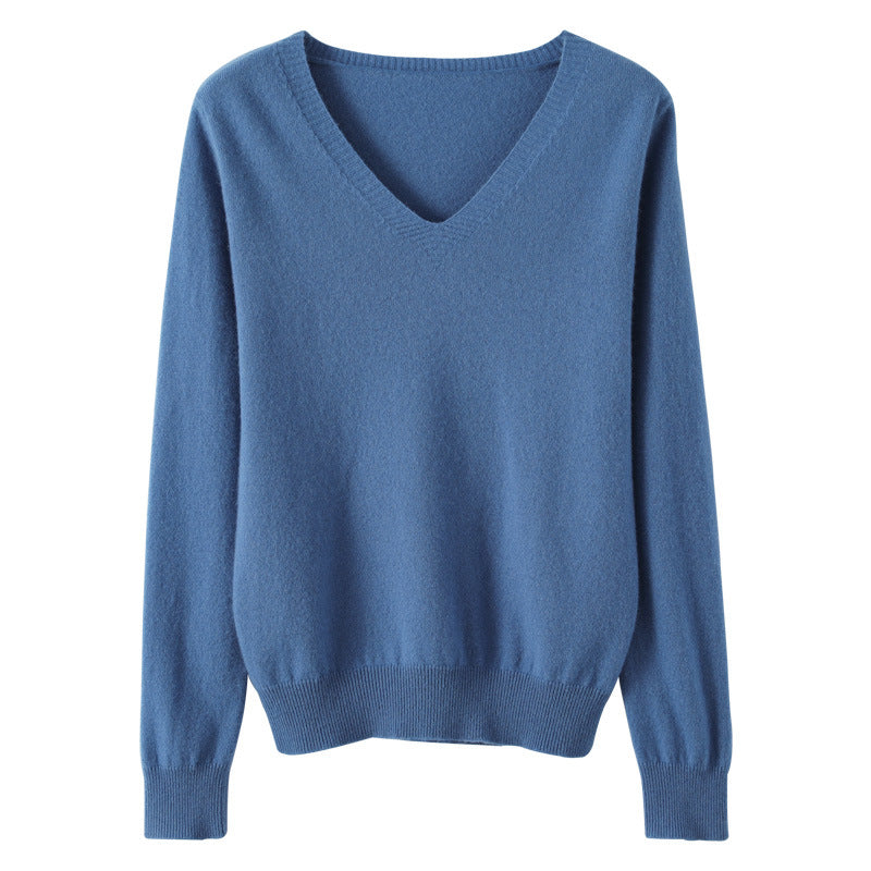 Women Soft V-Neck Cashmere Blend Sweater with Fine Ribbed Cuffs Chichicherry